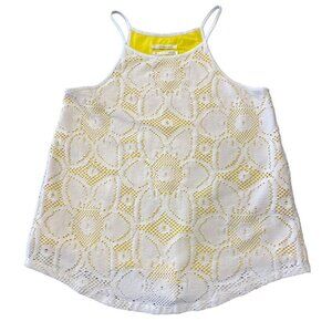 Anthropologie Sz XS Knit Tank Top yellow white crochet overlay sleeveless